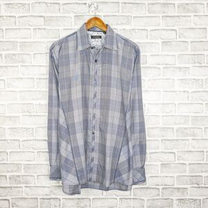 ZAGIRI  Button up Shirt Gray Plaid Check flip cuff Size XL